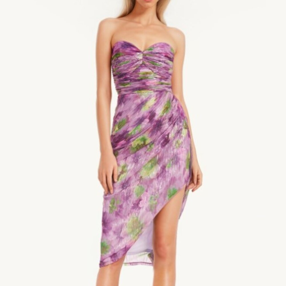 Jayce Badgley Mischka Metallic Floral Strapless High-Low Dress Purple Green 2